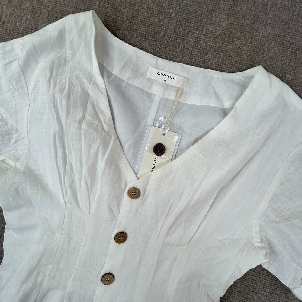 Commense One Piece Romper Womens Medium Ivory V Neck Pleated Button Front Cuffed